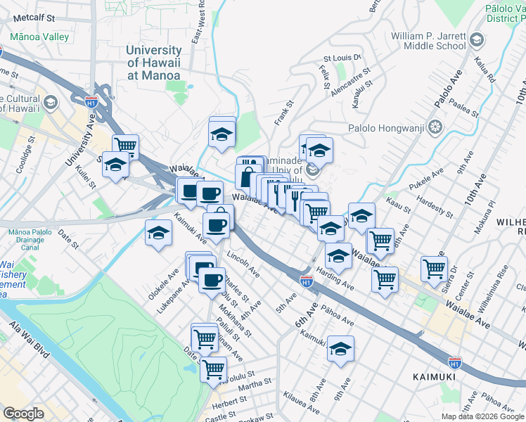 map of restaurants, bars, coffee shops, grocery stores, and more near 1143A 2nd Avenue in Honolulu