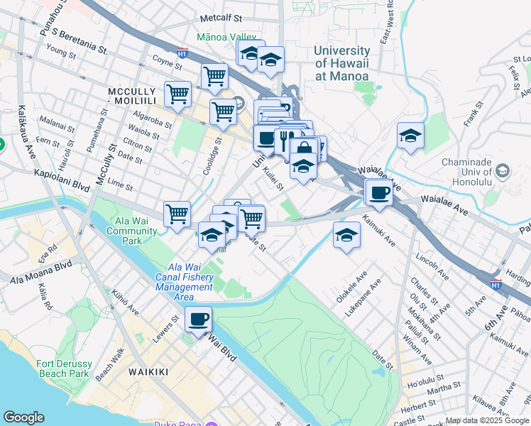 map of restaurants, bars, coffee shops, grocery stores, and more near 2733 Kāʻaha Street in Honolulu