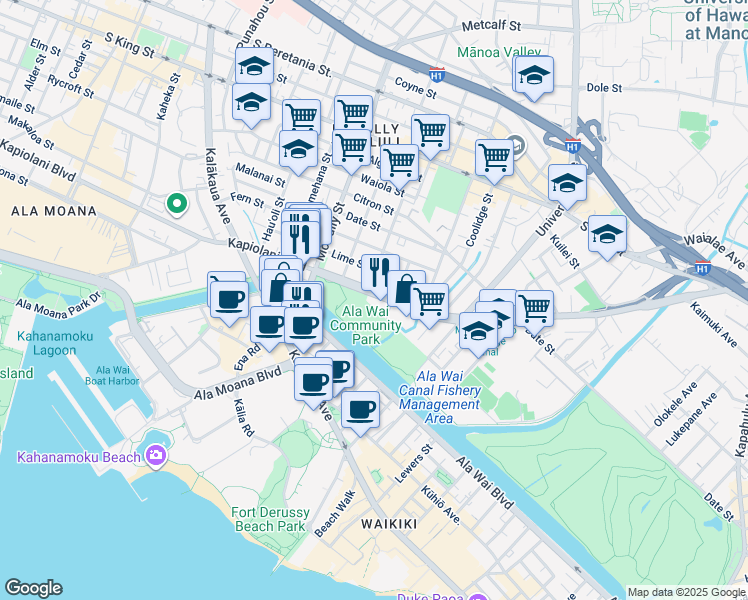 map of restaurants, bars, coffee shops, grocery stores, and more near 2215 Kapiolani Boulevard in Honolulu