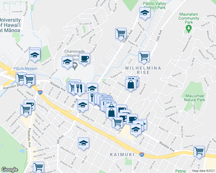 map of restaurants, bars, coffee shops, grocery stores, and more near 3355 Kaau Street in Honolulu