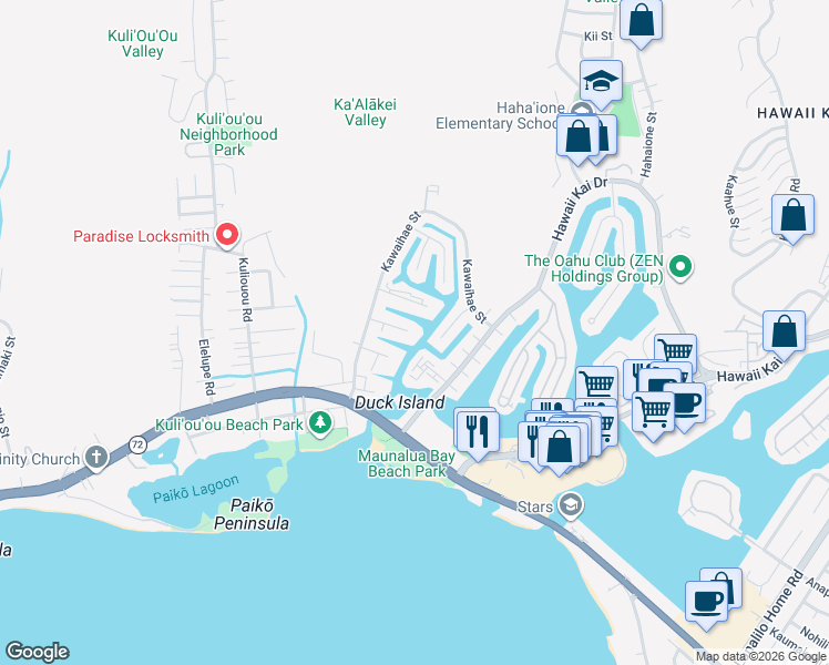 map of restaurants, bars, coffee shops, grocery stores, and more near 6243 Kawaihae Place in Honolulu
