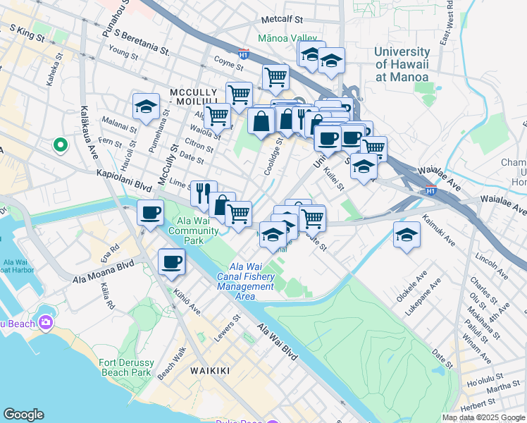 map of restaurants, bars, coffee shops, grocery stores, and more near 635 Hausten Street in Honolulu