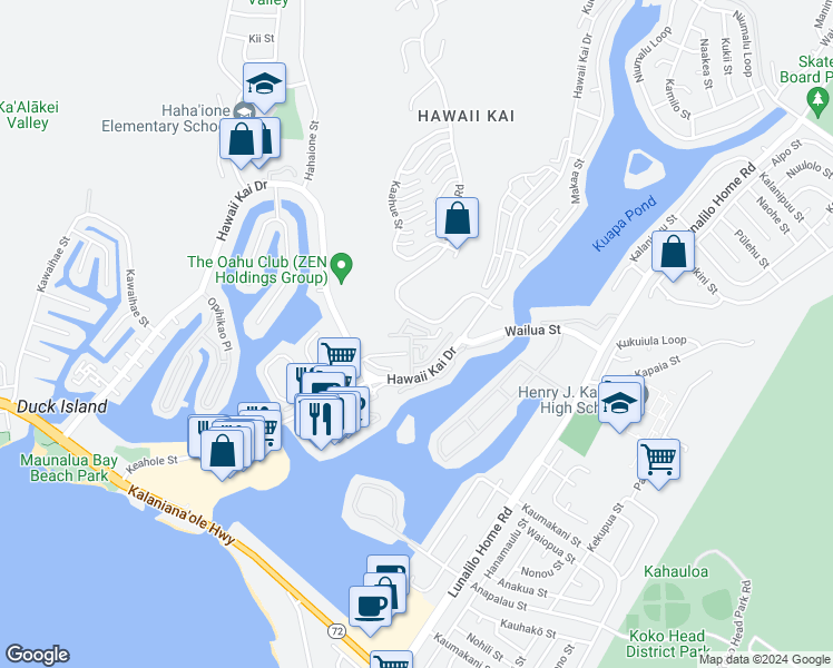map of restaurants, bars, coffee shops, grocery stores, and more near 7002 Hawaii Kai Drive in Honolulu