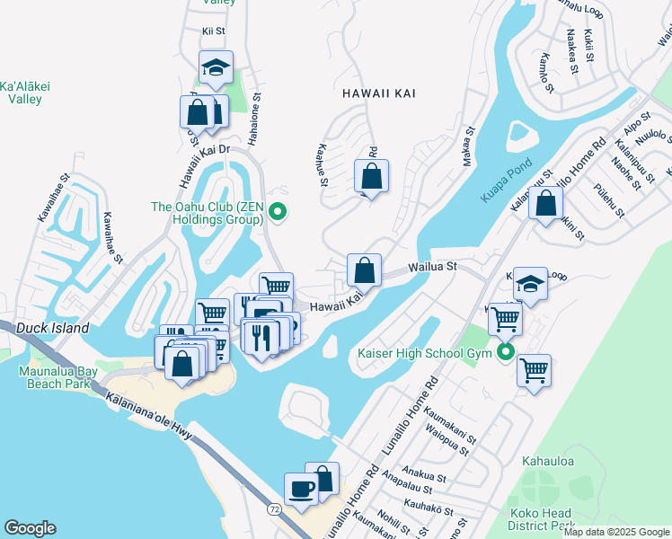map of restaurants, bars, coffee shops, grocery stores, and more near 7002 Hawaii Kai Drive in Honolulu