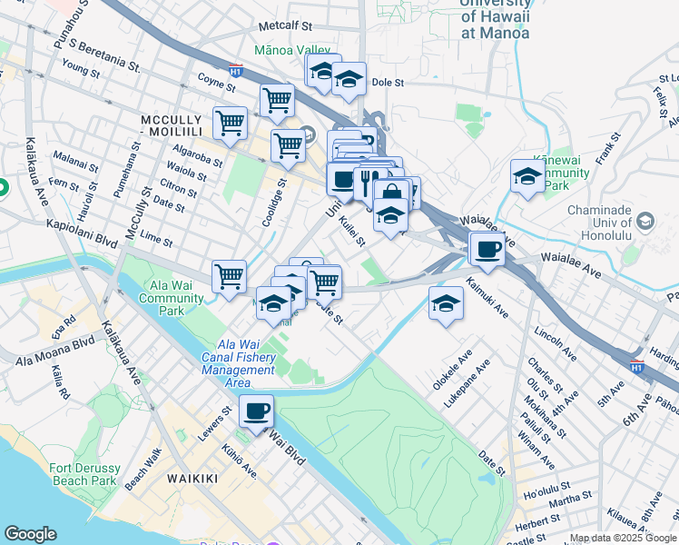 map of restaurants, bars, coffee shops, grocery stores, and more near 2733 Kāʻaha Street in Honolulu