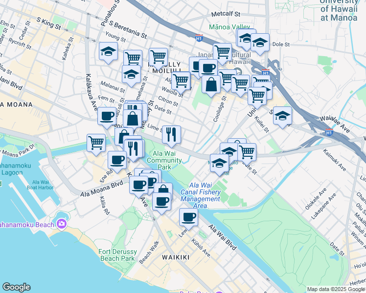 map of restaurants, bars, coffee shops, grocery stores, and more near 10 Kapiolani Boulevard in Honolulu