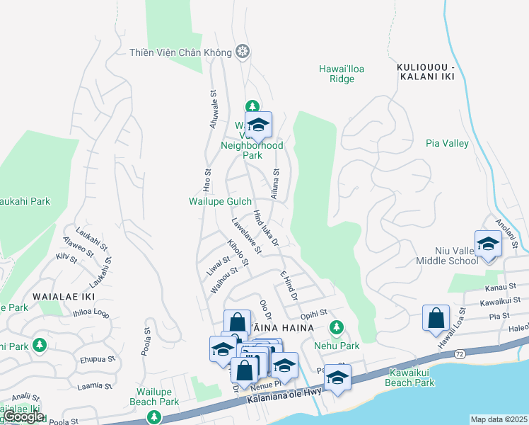 map of restaurants, bars, coffee shops, grocery stores, and more near 734A Ailuna Street in Honolulu