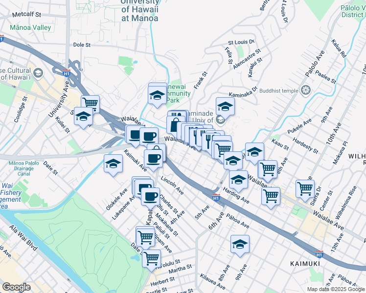 map of restaurants, bars, coffee shops, grocery stores, and more near 1143A 2nd Avenue in Honolulu