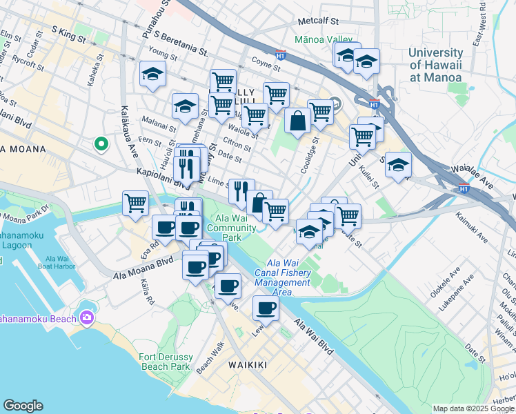 map of restaurants, bars, coffee shops, grocery stores, and more near 705 Hoawa Street in Honolulu
