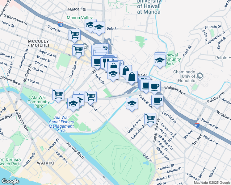 map of restaurants, bars, coffee shops, grocery stores, and more near 823 Waiaka Road in Honolulu