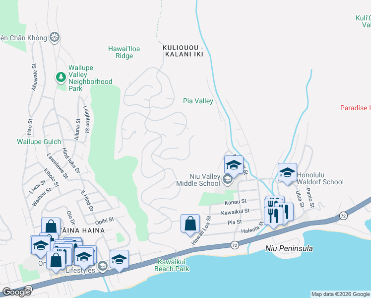 map of restaurants, bars, coffee shops, grocery stores, and more near 729 Kaulana Place in Honolulu