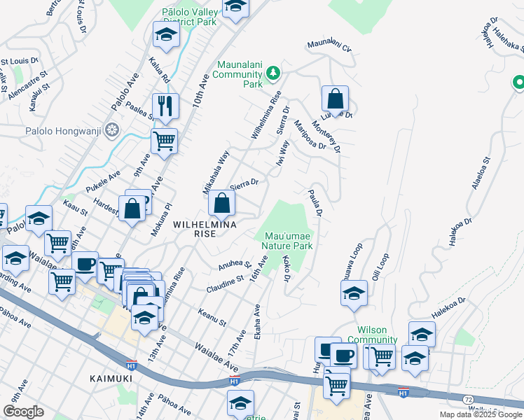 map of restaurants, bars, coffee shops, grocery stores, and more near 1609a Iwi Way in Honolulu