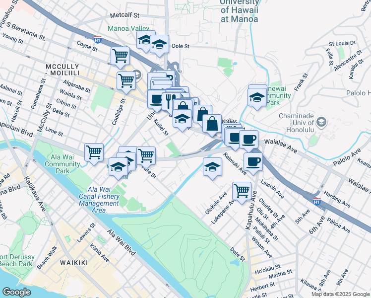 map of restaurants, bars, coffee shops, grocery stores, and more near 823 Waiaka Road in Honolulu