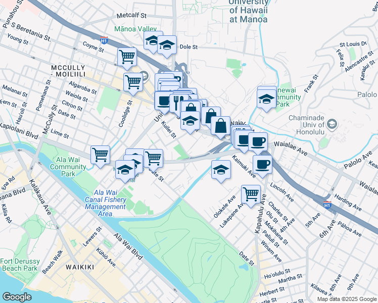 map of restaurants, bars, coffee shops, grocery stores, and more near 823 Waiaka Road in Honolulu