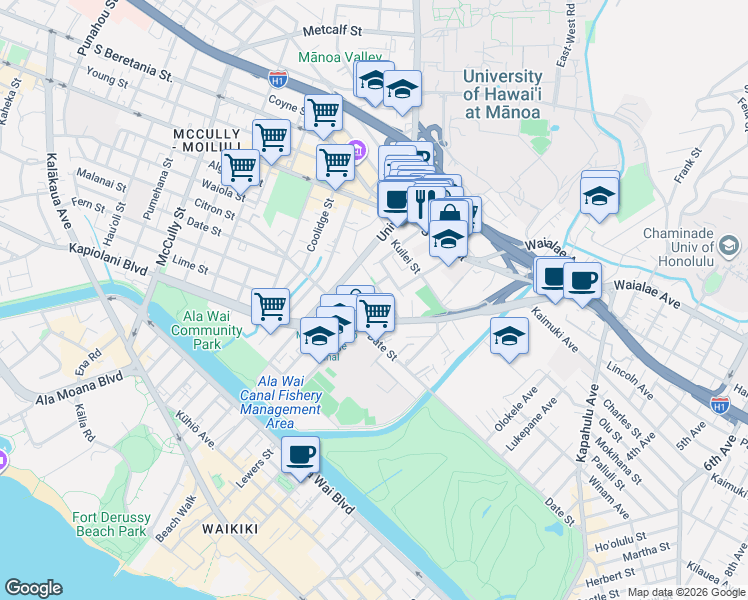 map of restaurants, bars, coffee shops, grocery stores, and more near 2733 Kāʻaha Street in Honolulu