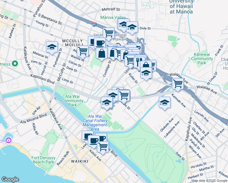 map of restaurants, bars, coffee shops, grocery stores, and more near in Honolulu
