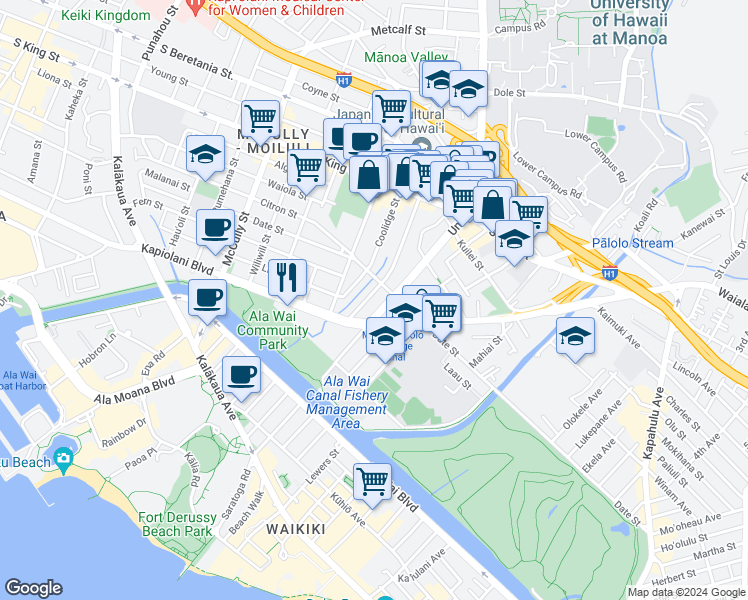 map of restaurants, bars, coffee shops, grocery stores, and more near 625 University Avenue in Honolulu
