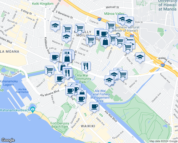 map of restaurants, bars, coffee shops, grocery stores, and more near 10 Kapiolani Boulevard in Honolulu