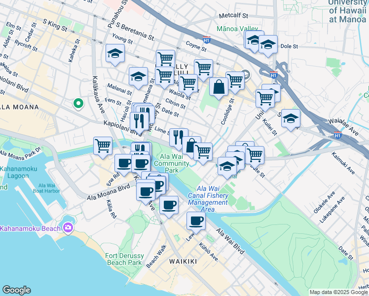 map of restaurants, bars, coffee shops, grocery stores, and more near 10 Kapiolani Boulevard in Honolulu