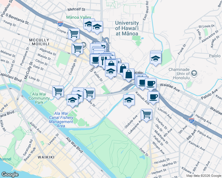 map of restaurants, bars, coffee shops, grocery stores, and more near 823 Waiaka Road in Honolulu