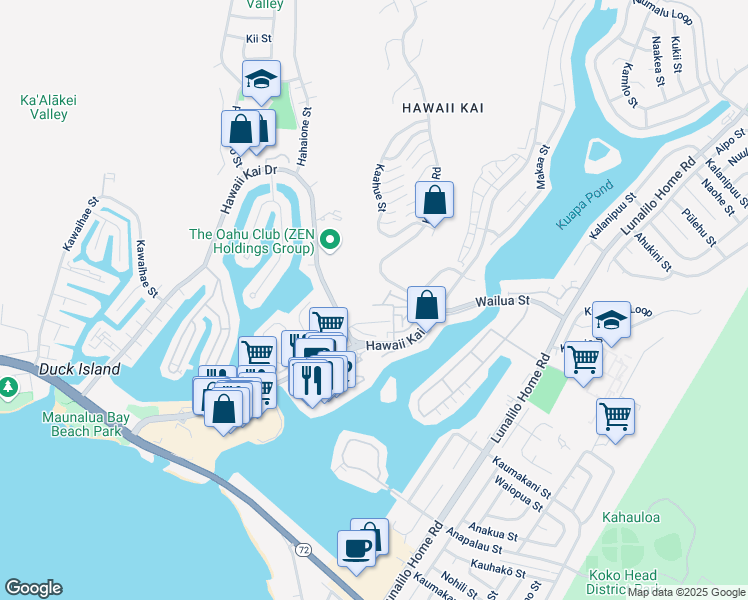 map of restaurants, bars, coffee shops, grocery stores, and more near 6810-6888 Hawaii Kai Drive in Honolulu
