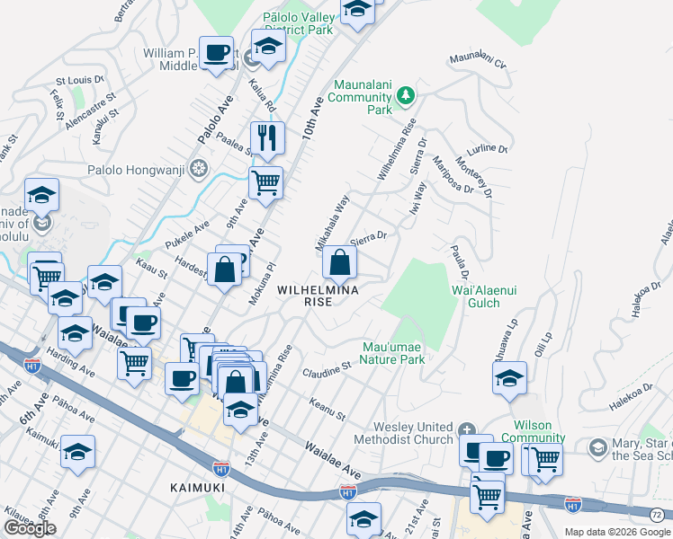 map of restaurants, bars, coffee shops, grocery stores, and more near 3914 Sierra Drive in Honolulu