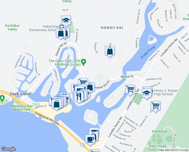 map of restaurants, bars, coffee shops, grocery stores, and more near 6810-6888 Hawaii Kai Drive in Honolulu