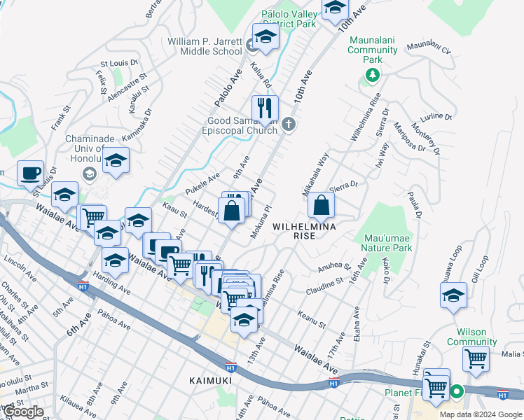 map of restaurants, bars, coffee shops, grocery stores, and more near 1509 Mokuna Place in Honolulu