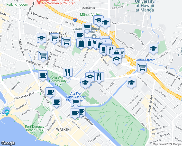 map of restaurants, bars, coffee shops, grocery stores, and more near in Honolulu