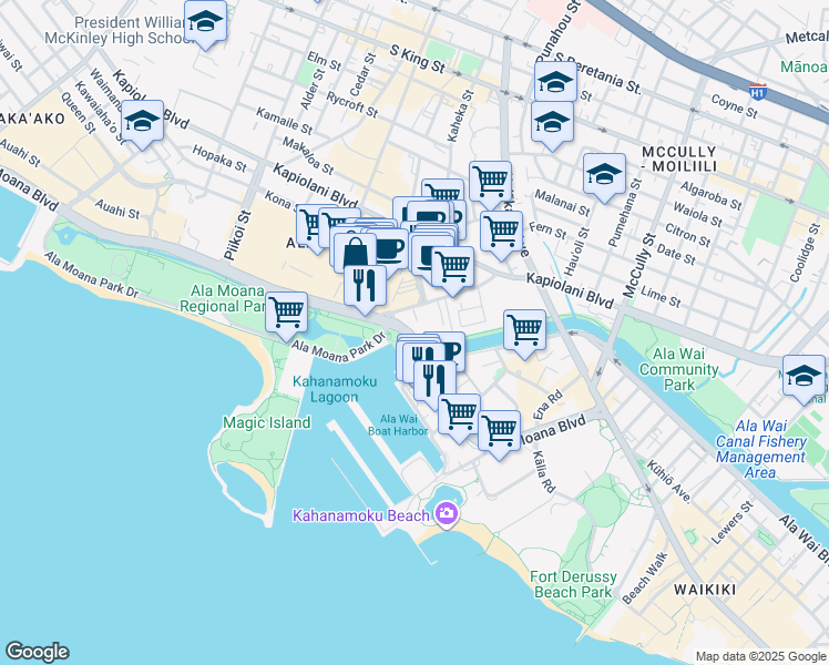 map of restaurants, bars, coffee shops, grocery stores, and more near 1620 Ala Moana Park Drive in Honolulu