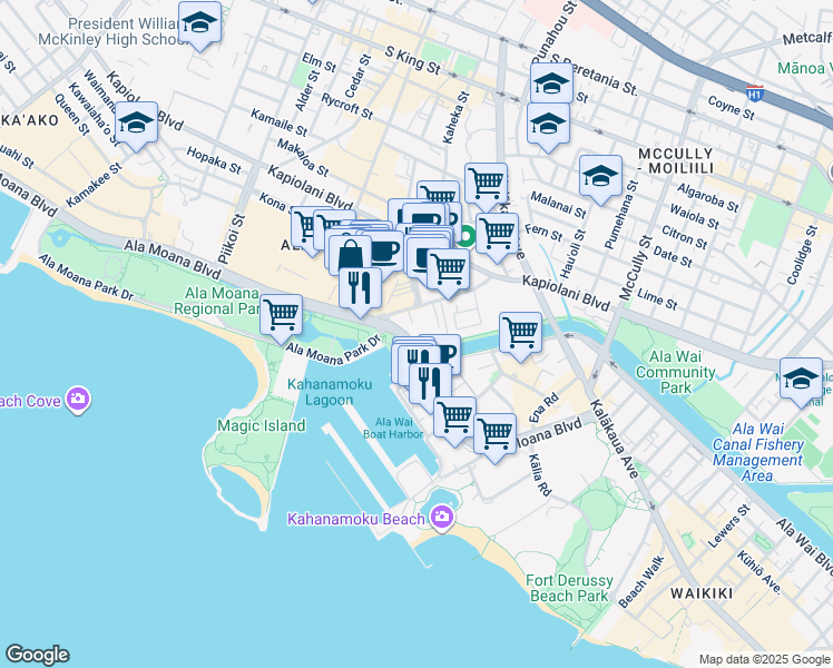 map of restaurants, bars, coffee shops, grocery stores, and more near 1620 Ala Moana Park Drive in Honolulu