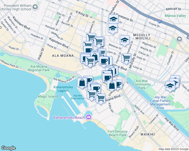 map of restaurants, bars, coffee shops, grocery stores, and more near Lipeepee Street in Honolulu