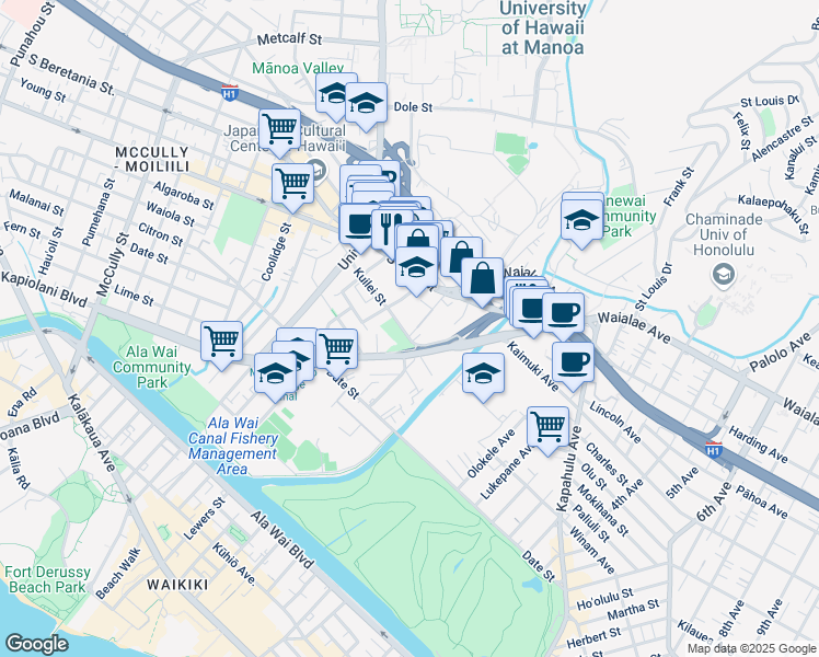 map of restaurants, bars, coffee shops, grocery stores, and more near 2712 Waiaka Road in Honolulu