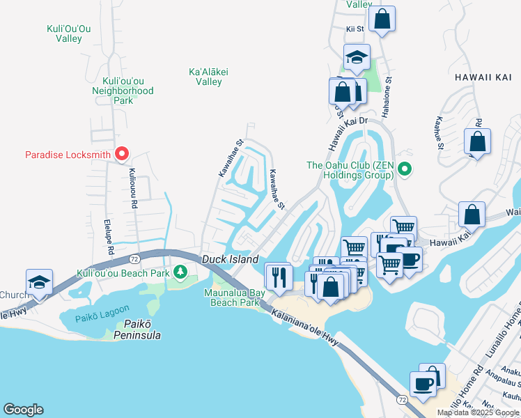 map of restaurants, bars, coffee shops, grocery stores, and more near 250 Hakalau Place in Honolulu