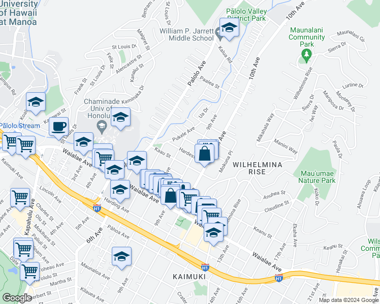 map of restaurants, bars, coffee shops, grocery stores, and more near 1419 9th Avenue in Honolulu