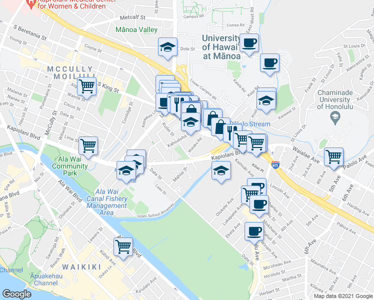 map of restaurants, bars, coffee shops, grocery stores, and more near 823 Waiaka Road in Honolulu