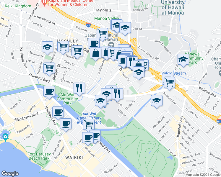 map of restaurants, bars, coffee shops, grocery stores, and more near in Honolulu
