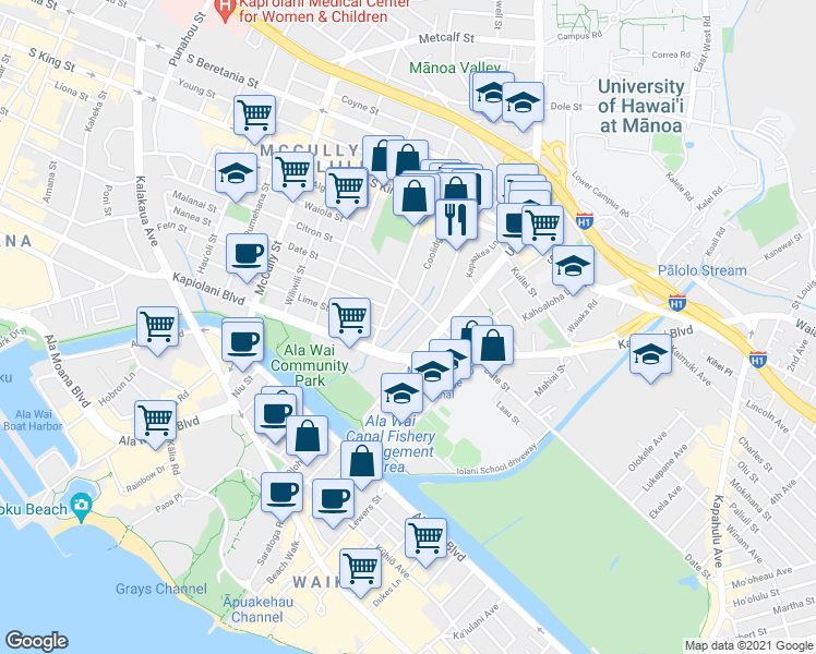 map of restaurants, bars, coffee shops, grocery stores, and more near 608 Hausten Street in Honolulu