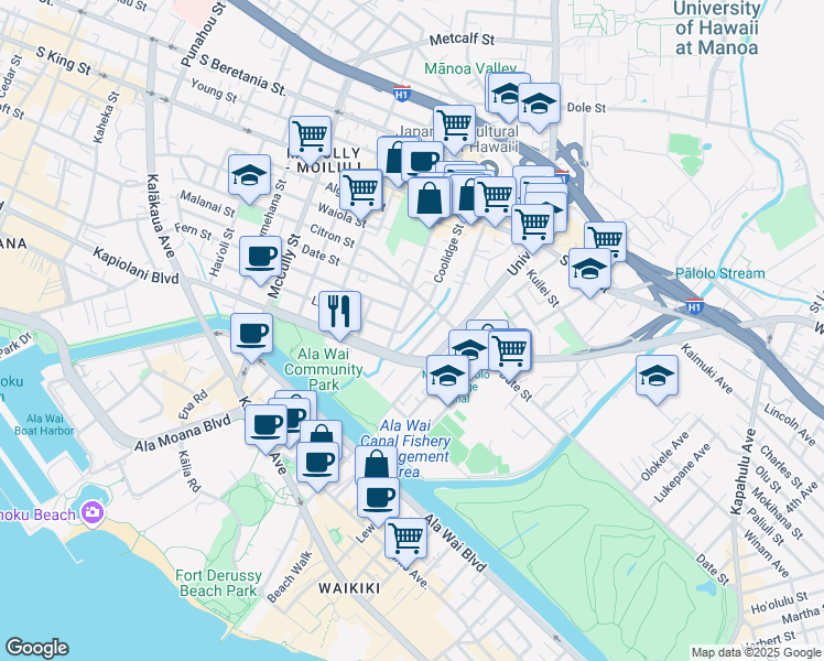 map of restaurants, bars, coffee shops, grocery stores, and more near 608 Hausten Street in Honolulu