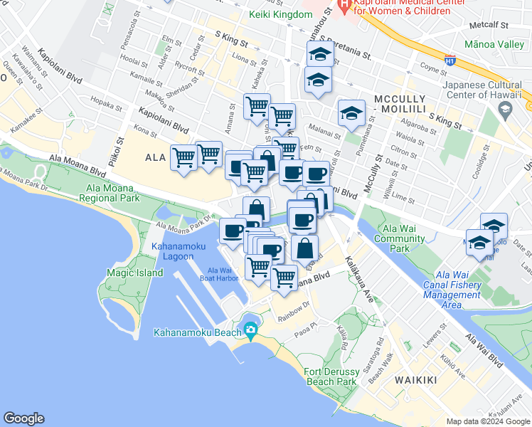 map of restaurants, bars, coffee shops, grocery stores, and more near Lipeepee Street in Honolulu