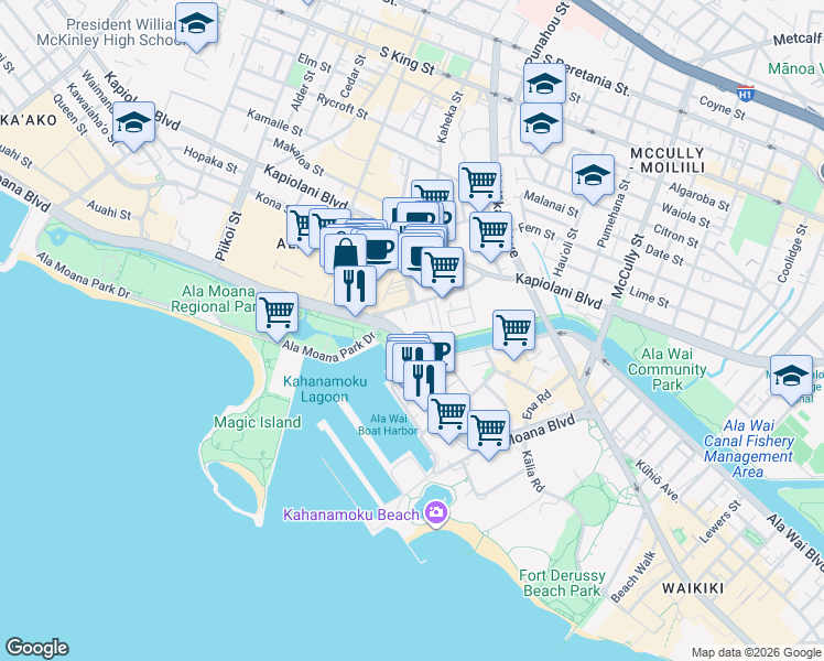 map of restaurants, bars, coffee shops, grocery stores, and more near 1620 Ala Moana Park Drive in Honolulu