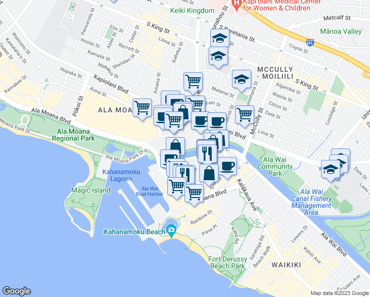 map of restaurants, bars, coffee shops, grocery stores, and more near Lipeepee Street in Honolulu