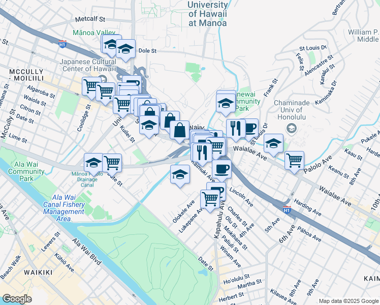 map of restaurants, bars, coffee shops, grocery stores, and more near 2920 South King Street in Honolulu