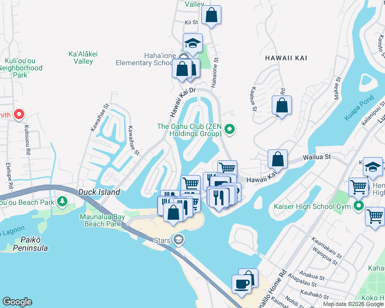 map of restaurants, bars, coffee shops, grocery stores, and more near 570 Kumukahi Place in Honolulu