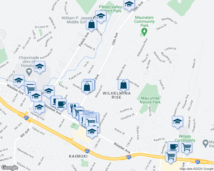 map of restaurants, bars, coffee shops, grocery stores, and more near 1547 Mokuna Place in Honolulu