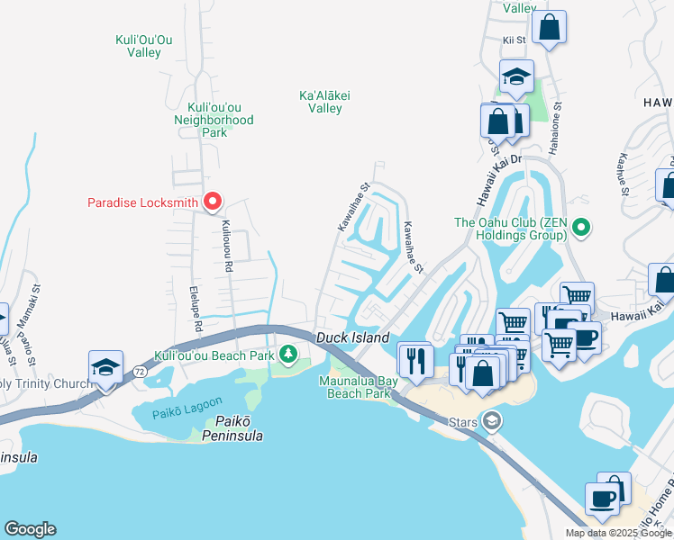 map of restaurants, bars, coffee shops, grocery stores, and more near 300 Kawaihae Street in Honolulu