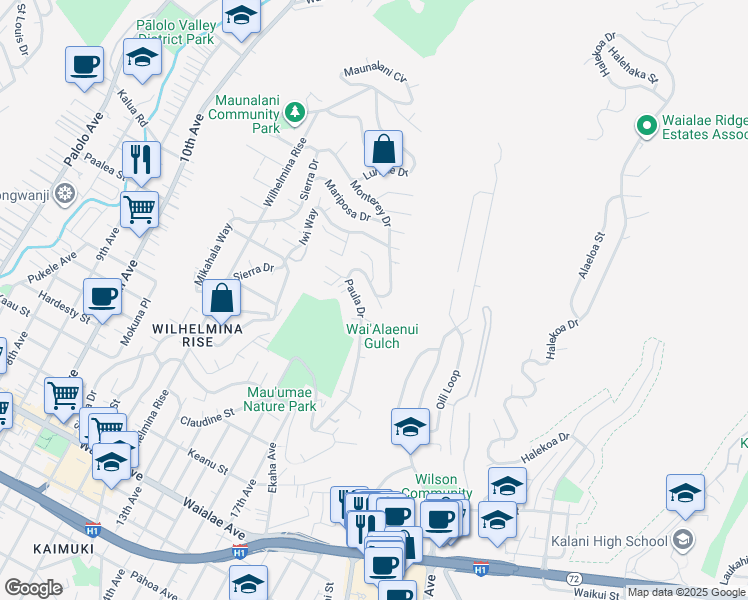 map of restaurants, bars, coffee shops, grocery stores, and more near 1946 Paula Drive in Honolulu