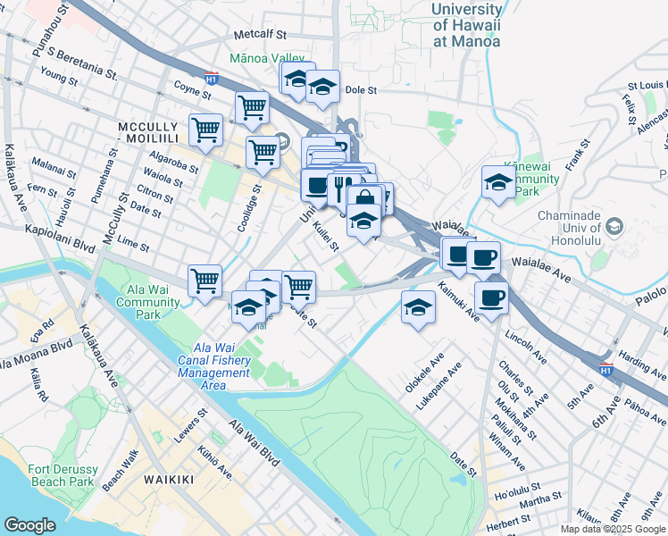 map of restaurants, bars, coffee shops, grocery stores, and more near 2724 Kahoaloha Lane in Honolulu