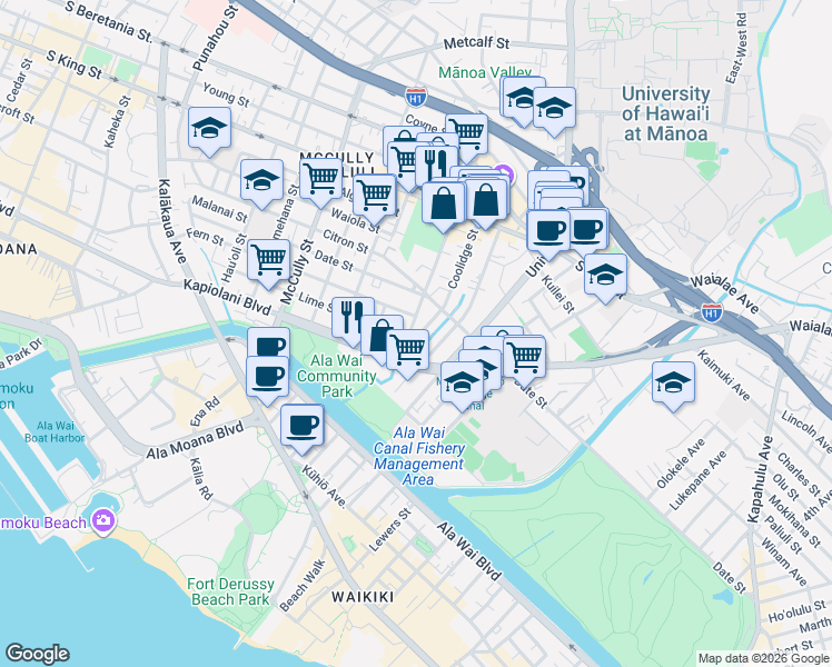 map of restaurants, bars, coffee shops, grocery stores, and more near 755 Isenberg Street in Honolulu