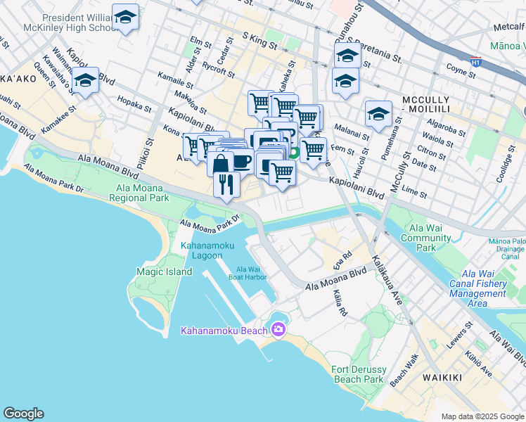 map of restaurants, bars, coffee shops, grocery stores, and more near 109 Atkinson Drive in Honolulu